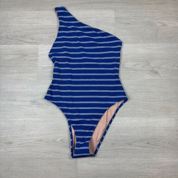 Madewell One Shoulder Striped One Piece Swimsuit Womens Large Blue White - Picture 3 of 7